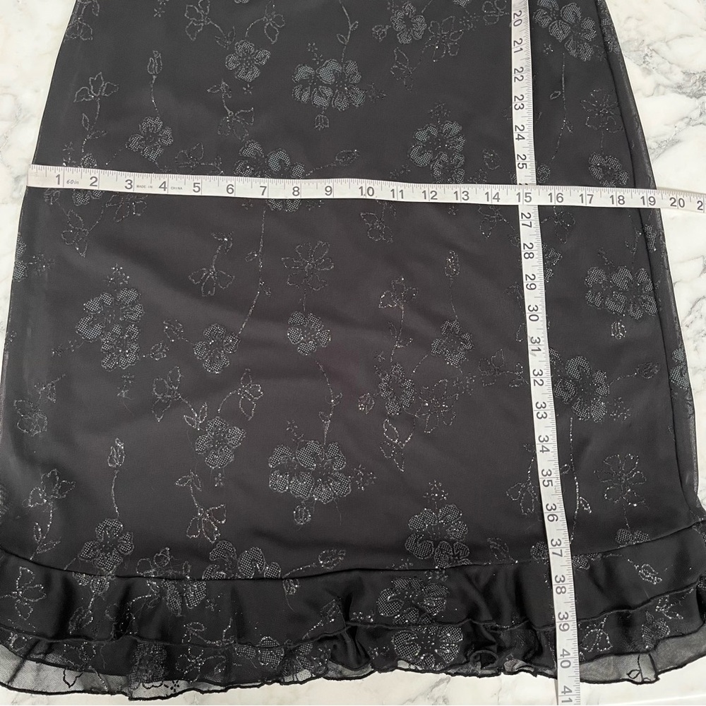 Vintage Y2K Black Floral Silver Glitter Sheer Overlay Mesh Dress Ruffle Hem L - Picture 9 of 11